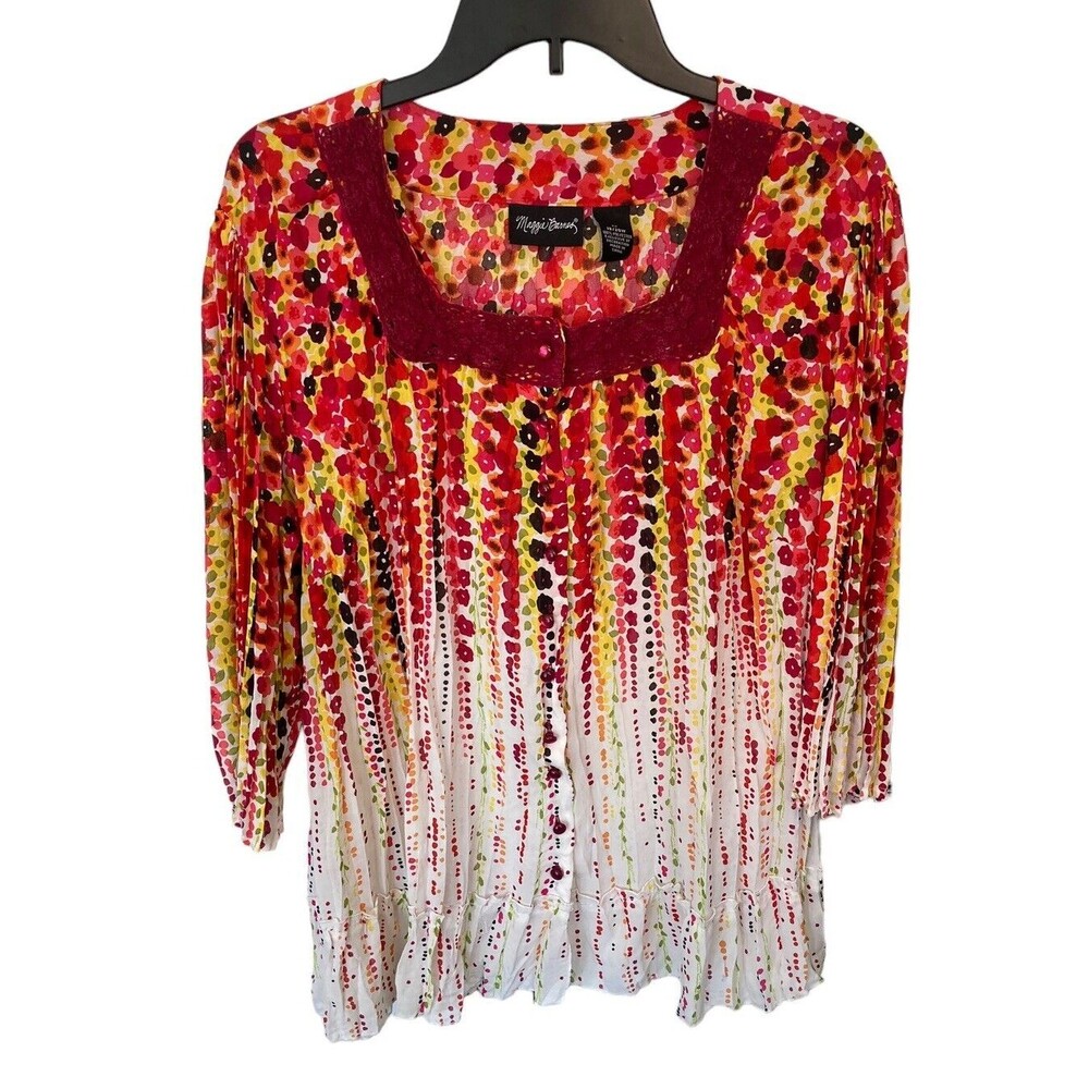 Maggie Barnes Gauzy Floral Multicolor Blouse Size 1X 18/20W Semi Sheer